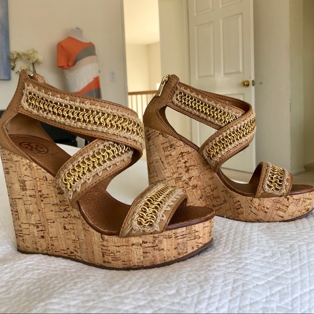 Tory Burch Leather & Gold Wedges